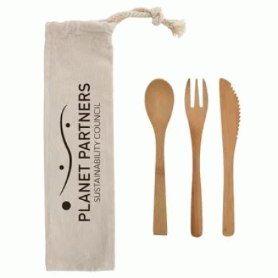 Popular Bamboo Utensil Set in Cotton Travel Pouch--Printed With Your Logo 