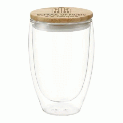 High Quality Engraved 12 oz. Easton Glass Cup with Bamboo Lid 