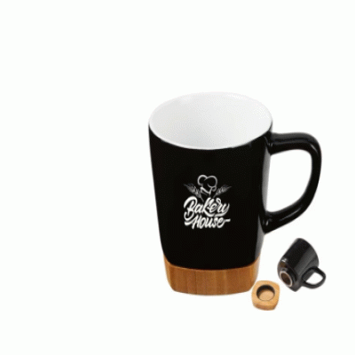 Custom Branded 11 oz. Ceramic Mug with Removable Bamboo Coaster Bottom — Printed With Your Logo 