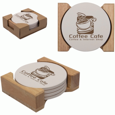 Absorbent Stone Custom 5 Pcs Round Coaster Set with Wood Base  -Good products from ProductClub 