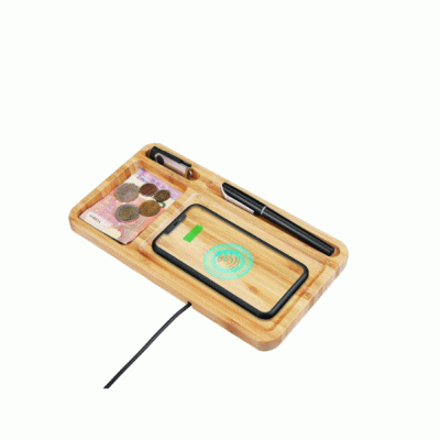 HOT SALE 100% ECO-FRIENDLY  Wood Phone Wireless Charging Station with Desk Organizer Pad, Bamboo Qi Charger Docking Tray Key Pen Holder Wooden Dock Stat 