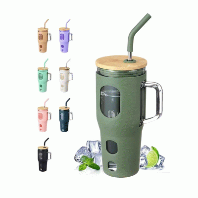 32 oz Glass Tumbler with Bamboo Lid and Straw 