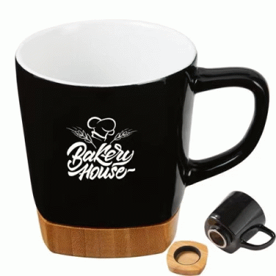 Custom Branded 11 oz. Ceramic Mug with Removable Bamboo Coaster Bottom — Printed With Your Logo 