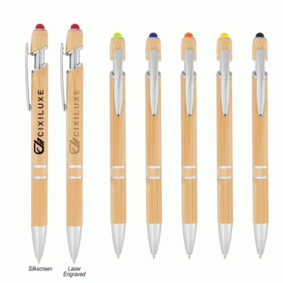 Multiple styles Custom Branded Tropical Bamboo Incline Pen With Stylus — Printed With Your Logo 