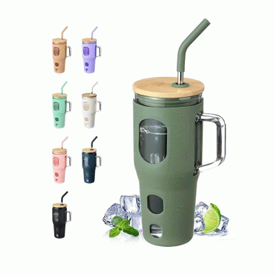 32 oz Glass Tumbler with Bamboo Lid and Straw 