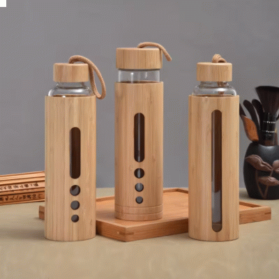  Glass Water Bottle Bamboo Reusable Water Bottle Vacuum Flasks With Wooden Lid 